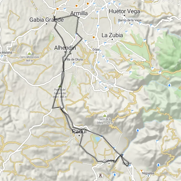Miniature de la carte de l'inspiration cycliste "Parcours routier à travers les montagnes de l'Andalousie" dans la Andalucía, Spain. Générée par le planificateur d'itinéraire cycliste Tarmacs.app
