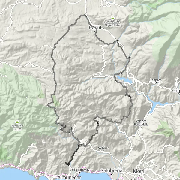 Miniature de la carte de l'inspiration cycliste "Route panoramique à Dúrcal" dans la Andalucía, Spain. Générée par le planificateur d'itinéraire cycliste Tarmacs.app