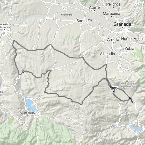 Miniature de la carte de l'inspiration cycliste "Aventure Cycliste à Travers les Montagnes" dans la Andalucía, Spain. Générée par le planificateur d'itinéraire cycliste Tarmacs.app