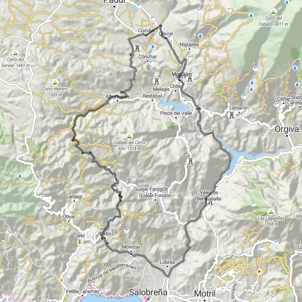 Miniature de la carte de l'inspiration cycliste "Route panoramique depuis Dúrcal" dans la Andalucía, Spain. Générée par le planificateur d'itinéraire cycliste Tarmacs.app