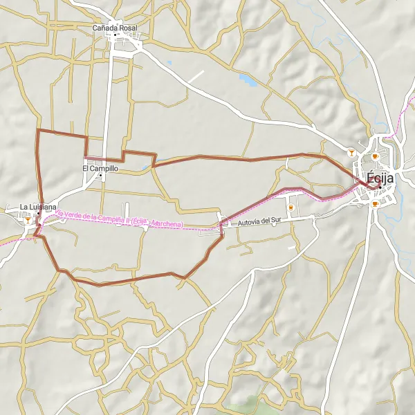 Miniaturní mapa "Gravel cesta k Palacio de Peñaflor" inspirace pro cyklisty v oblasti Andalucía, Spain. Vytvořeno pomocí plánovače tras Tarmacs.app