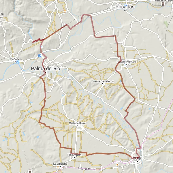 Miniaturní mapa "Gravelová cesta k Écija" inspirace pro cyklisty v oblasti Andalucía, Spain. Vytvořeno pomocí plánovače tras Tarmacs.app