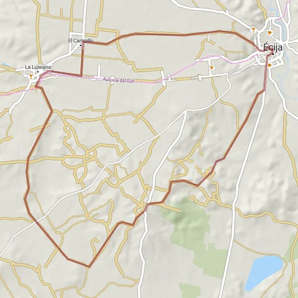 Miniature de la carte de l'inspiration cycliste "Le tour pittoresque de La Luisiana" dans la Andalucía, Spain. Générée par le planificateur d'itinéraire cycliste Tarmacs.app