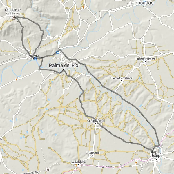 Miniaturní mapa "Panoramatická cesta směrem k Écija" inspirace pro cyklisty v oblasti Andalucía, Spain. Vytvořeno pomocí plánovače tras Tarmacs.app