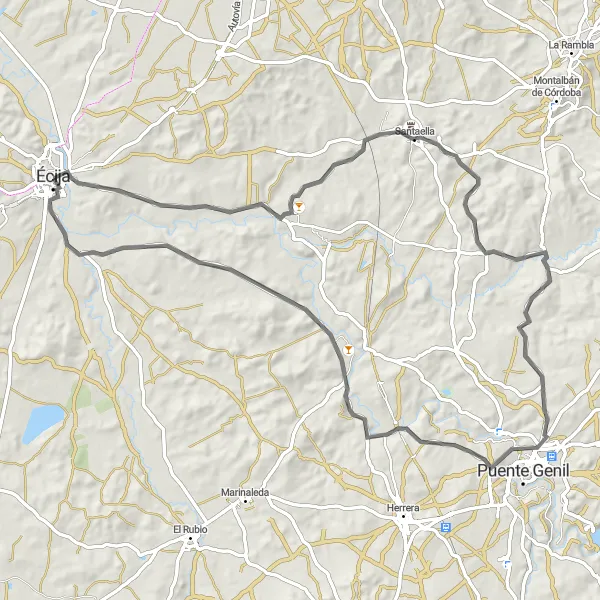 Miniaturní mapa "Okružní cesta kolem Écija" inspirace pro cyklisty v oblasti Andalucía, Spain. Vytvořeno pomocí plánovače tras Tarmacs.app