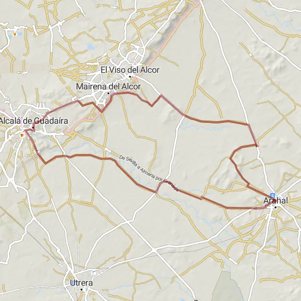 Miniatura mapy "Trasa z widokiem na Alcalá de Guadaíra" - trasy rowerowej w Andalucía, Spain. Wygenerowane przez planer tras rowerowych Tarmacs.app