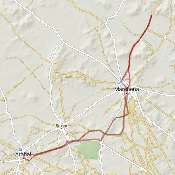 Miniaturní mapa "Gravel Cesta k Marchena" inspirace pro cyklisty v oblasti Andalucía, Spain. Vytvořeno pomocí plánovače tras Tarmacs.app