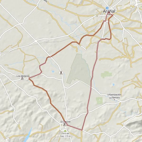 Miniatuurkaart van de fietsinspiratie "Gravel route naar El Coronil en Cerro Pelado" in Andalucía, Spain. Gemaakt door de Tarmacs.app fietsrouteplanner