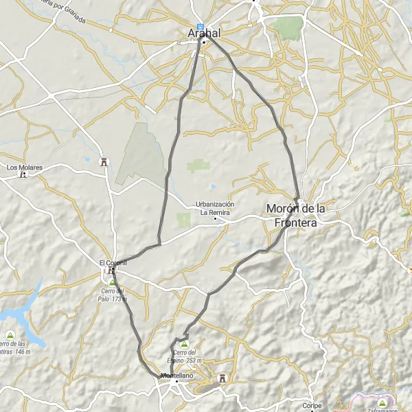 Miniatura della mappa di ispirazione al ciclismo "Giro in bicicletta da El Arahal a Arahal" nella regione di Andalucía, Spain. Generata da Tarmacs.app, pianificatore di rotte ciclistiche