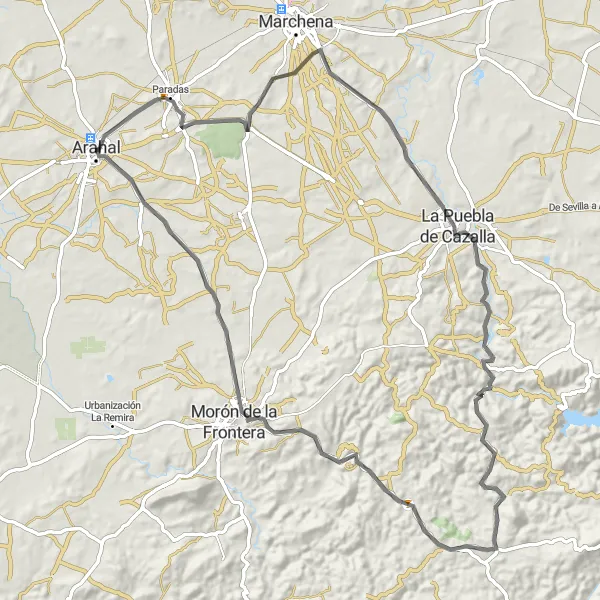 Miniaturní mapa "Road Trasa do La Puebla de Cazalla" inspirace pro cyklisty v oblasti Andalucía, Spain. Vytvořeno pomocí plánovače tras Tarmacs.app