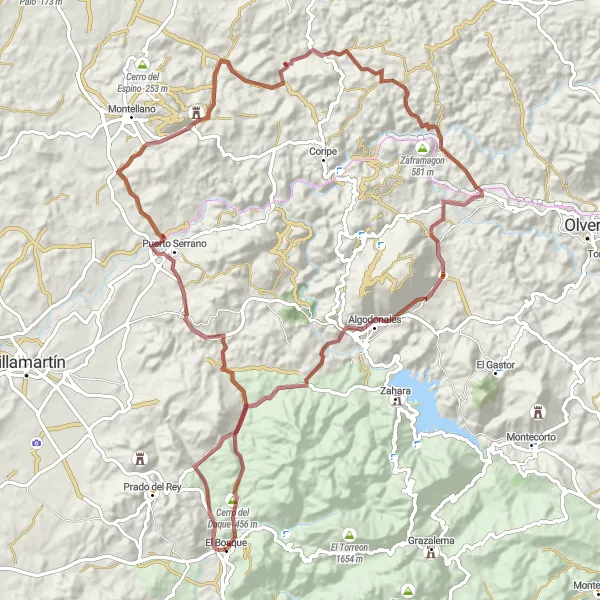 Map miniature of "Algodonales Gravel Loop" cycling inspiration in Andalucía, Spain. Generated by Tarmacs.app cycling route planner