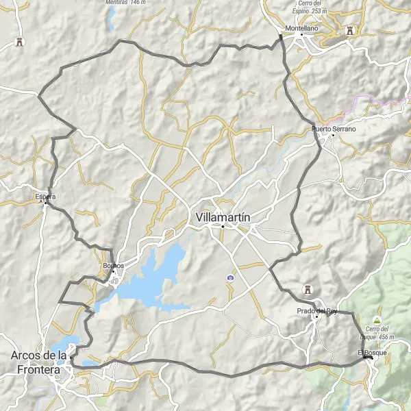 Miniaturní mapa "Road 124 km do Prado del Rey" inspirace pro cyklisty v oblasti Andalucía, Spain. Vytvořeno pomocí plánovače tras Tarmacs.app