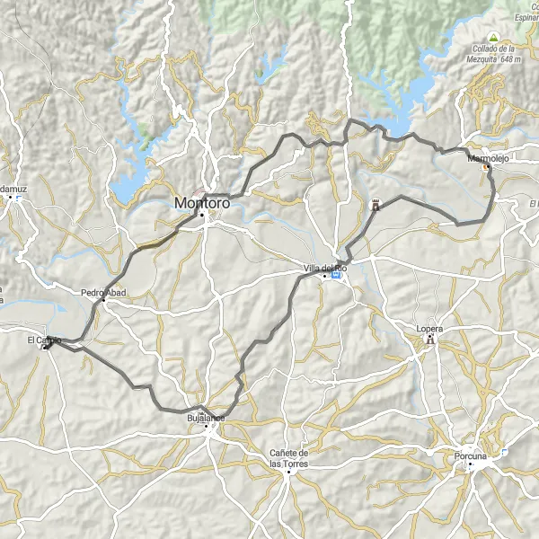 Miniatura della mappa di ispirazione al ciclismo "Giro in Bici da Strada nei Dintorni di El Carpio" nella regione di Andalucía, Spain. Generata da Tarmacs.app, pianificatore di rotte ciclistiche