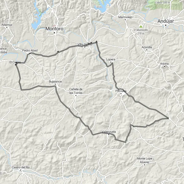 Miniatura mapy "Wielka trasa szosowa przez Castillo de Lopera" - trasy rowerowej w Andalucía, Spain. Wygenerowane przez planer tras rowerowych Tarmacs.app