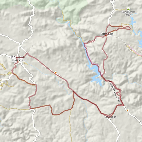 Miniatura della mappa di ispirazione al ciclismo "Avventurosa Gravel tra El Castillo de las Guardas" nella regione di Andalucía, Spain. Generata da Tarmacs.app, pianificatore di rotte ciclistiche