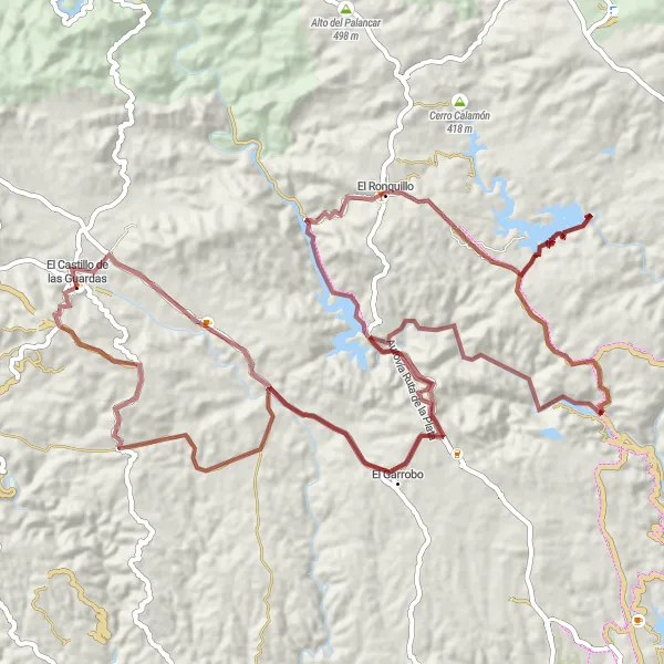 Miniatura della mappa di ispirazione al ciclismo "Percorso in bicicletta fuoristrada attraverso El Castillo de las Guardas" nella regione di Andalucía, Spain. Generata da Tarmacs.app, pianificatore di rotte ciclistiche