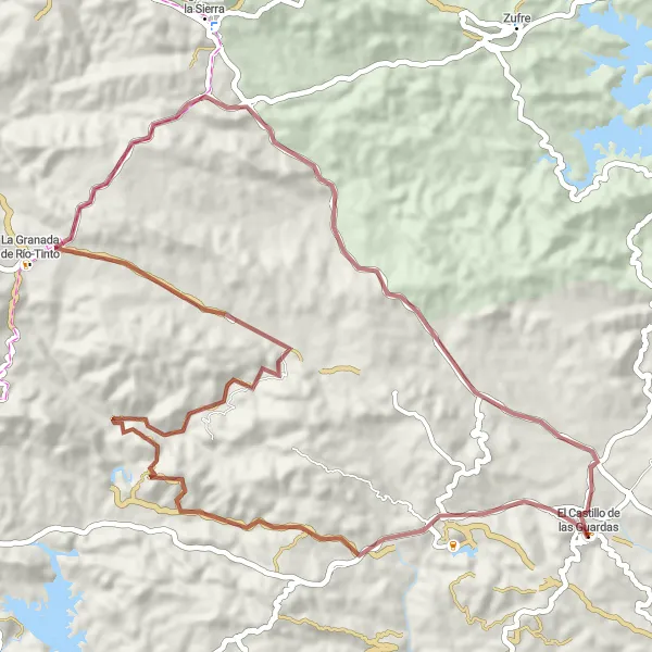 Miniaturní mapa "Cyklistická cesta na štěrku Minas del Castillo de las Guardas" inspirace pro cyklisty v oblasti Andalucía, Spain. Vytvořeno pomocí plánovače tras Tarmacs.app