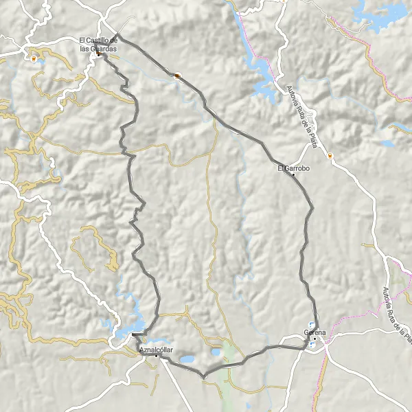 Miniaturní mapa "Cyklotrasa El Garrobo" inspirace pro cyklisty v oblasti Andalucía, Spain. Vytvořeno pomocí plánovače tras Tarmacs.app