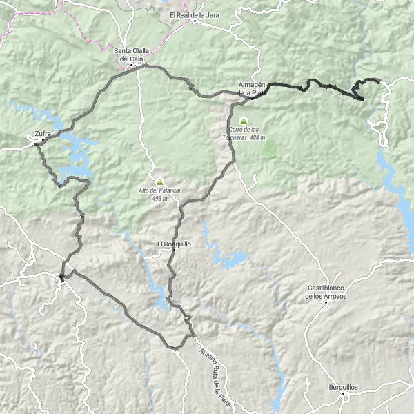 Miniatura della mappa di ispirazione al ciclismo "Giro in bicicletta epico tra Zufre e El Castillo de las Guardas" nella regione di Andalucía, Spain. Generata da Tarmacs.app, pianificatore di rotte ciclistiche