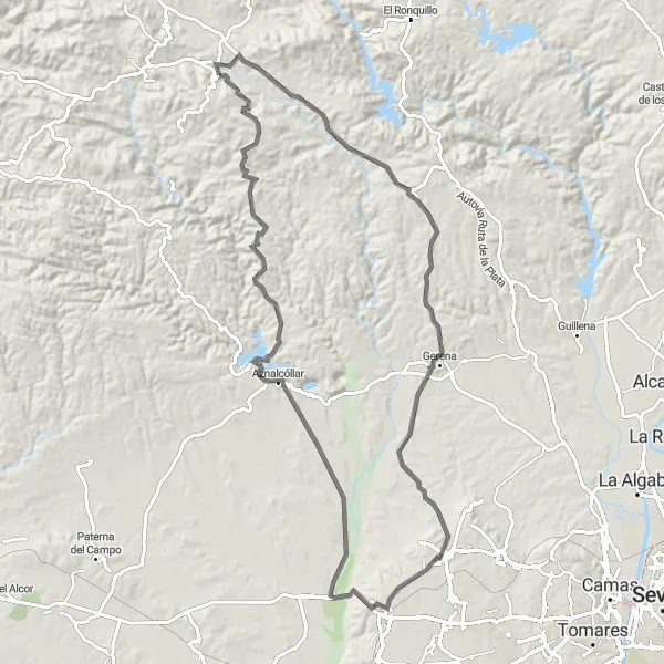Miniatua del mapa de inspiración ciclista "Ruta de Sanlúcar la Mayor" en Andalucía, Spain. Generado por Tarmacs.app planificador de rutas ciclistas