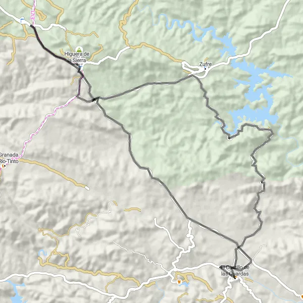 Map miniature of "Exploring the Cuestas of the Sierra Morena" cycling inspiration in Andalucía, Spain. Generated by Tarmacs.app cycling route planner