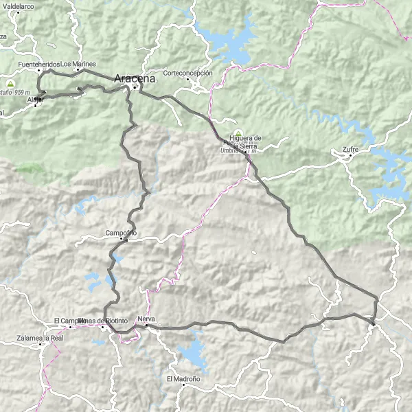 Miniatura mapy "W obwodzie Sierra de Aracena i Picos de Aroche" - trasy rowerowej w Andalucía, Spain. Wygenerowane przez planer tras rowerowych Tarmacs.app