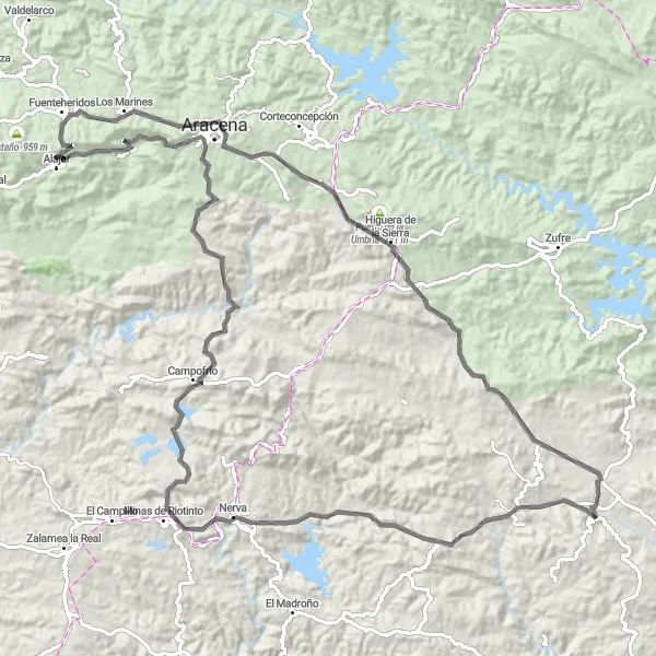 Miniatura della mappa di ispirazione al ciclismo "Cicloturismo tra El Castillo de las Guardas e Higuera de la Sierra" nella regione di Andalucía, Spain. Generata da Tarmacs.app, pianificatore di rotte ciclistiche