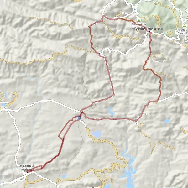 Map miniature of "Gravel Thrills: El Cerro de Andévalo to Almonaster la Real" cycling inspiration in Andalucía, Spain. Generated by Tarmacs.app cycling route planner