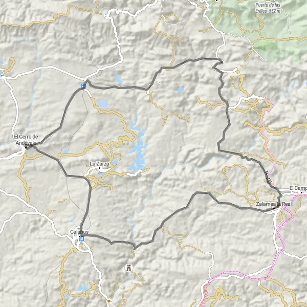 Miniatua del mapa de inspiración ciclista "Ruta de Zalamea la Real a El Cerro de Andévalo" en Andalucía, Spain. Generado por Tarmacs.app planificador de rutas ciclistas