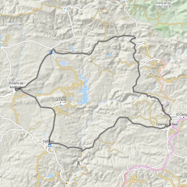 Miniatura della mappa di ispirazione al ciclismo "Rotta ciclabile su strada intorno El Cerro de Andévalo" nella regione di Andalucía, Spain. Generata da Tarmacs.app, pianificatore di rotte ciclistiche