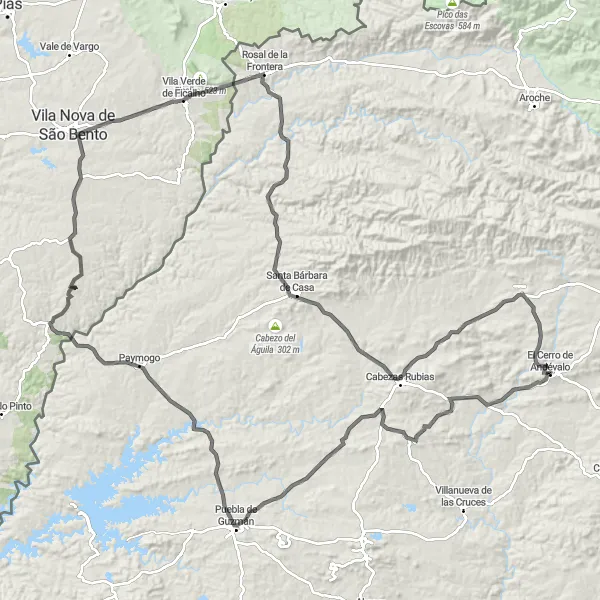 Miniatura della mappa di ispirazione al ciclismo "Ciclabile su strada intorno El Cerro de Andévalo" nella regione di Andalucía, Spain. Generata da Tarmacs.app, pianificatore di rotte ciclistiche