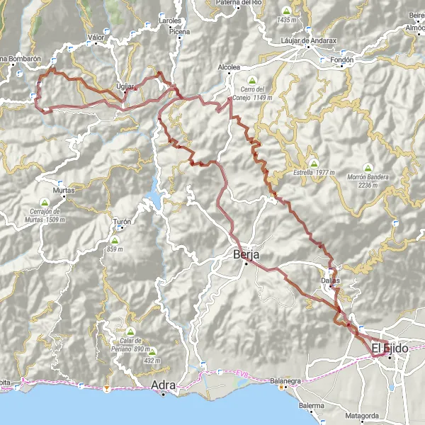 Map miniature of "Mountain Gravel Challenge" cycling inspiration in Andalucía, Spain. Generated by Tarmacs.app cycling route planner
