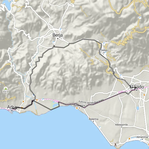 Miniature de la carte de l'inspiration cycliste "Route de Balanegra à El Ejido" dans la Andalucía, Spain. Générée par le planificateur d'itinéraire cycliste Tarmacs.app