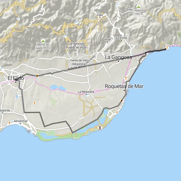 Miniatura della mappa di ispirazione al ciclismo "Giro in bicicletta da El Ejido a El Parador de las Hortichuelas" nella regione di Andalucía, Spain. Generata da Tarmacs.app, pianificatore di rotte ciclistiche