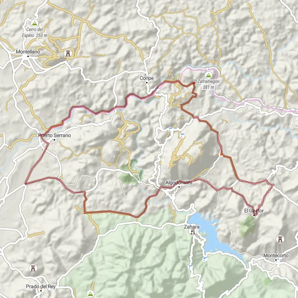 Miniatura della mappa di ispirazione al ciclismo "Gravel Loop di Algodonales" nella regione di Andalucía, Spain. Generata da Tarmacs.app, pianificatore di rotte ciclistiche