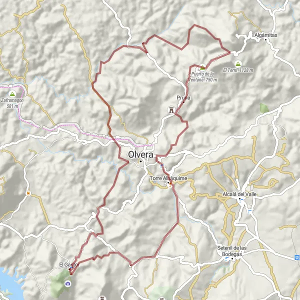 Miniatuurkaart van de fietsinspiratie "Gravelroute vanuit El Gastor via Puerto de la Ventana" in Andalucía, Spain. Gemaakt door de Tarmacs.app fietsrouteplanner