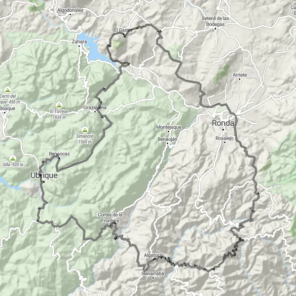 Miniatuurkaart van de fietsinspiratie "Epische Roadtrip van Dolmen El Charcón I naar Villaluenga del Rosario" in Andalucía, Spain. Gemaakt door de Tarmacs.app fietsrouteplanner