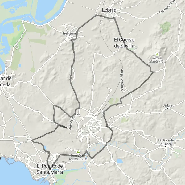 Karten-Miniaturansicht der Radinspiration "Sierra de San Cristóbal und El Cuervo" in Andalucía, Spain. Erstellt vom Tarmacs.app-Routenplaner für Radtouren