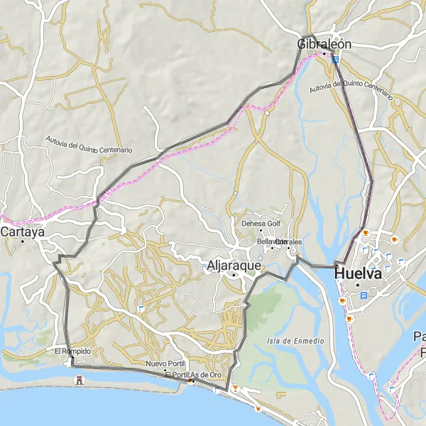 Miniatua del mapa de inspiración ciclista "Circuito de 63 km por carretera hacia Mirador Conquero" en Andalucía, Spain. Generado por Tarmacs.app planificador de rutas ciclistas