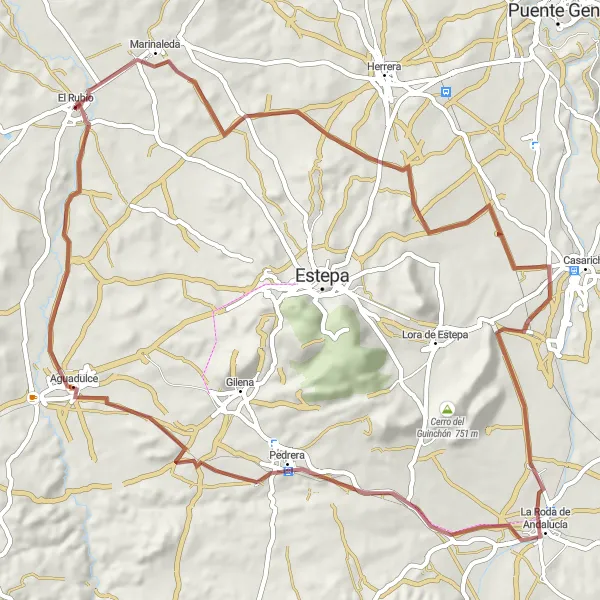 Miniatura della mappa di ispirazione al ciclismo "Alla scoperta di Marinaleda in mountain bike" nella regione di Andalucía, Spain. Generata da Tarmacs.app, pianificatore di rotte ciclistiche