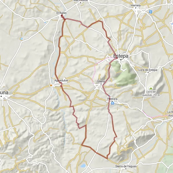 Karten-Miniaturansicht der Radinspiration "Abenteuerliche Gravel Tour um El Rubio" in Andalucía, Spain. Erstellt vom Tarmacs.app-Routenplaner für Radtouren