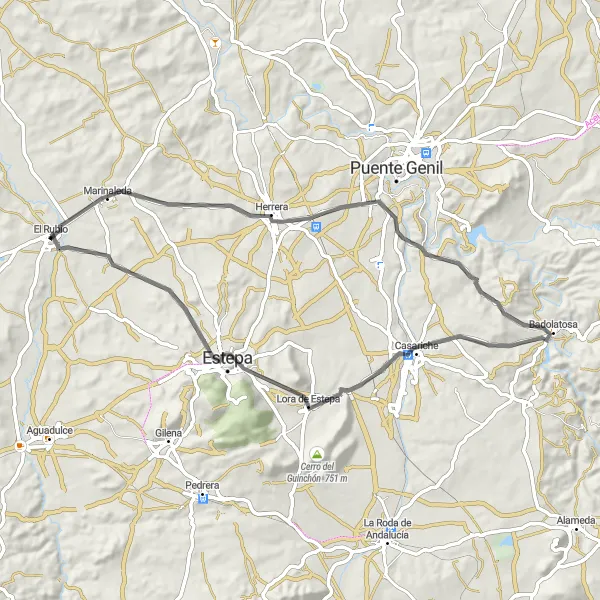 Map miniature of "Marinaleda and Badolatosa Road Loop" cycling inspiration in Andalucía, Spain. Generated by Tarmacs.app cycling route planner