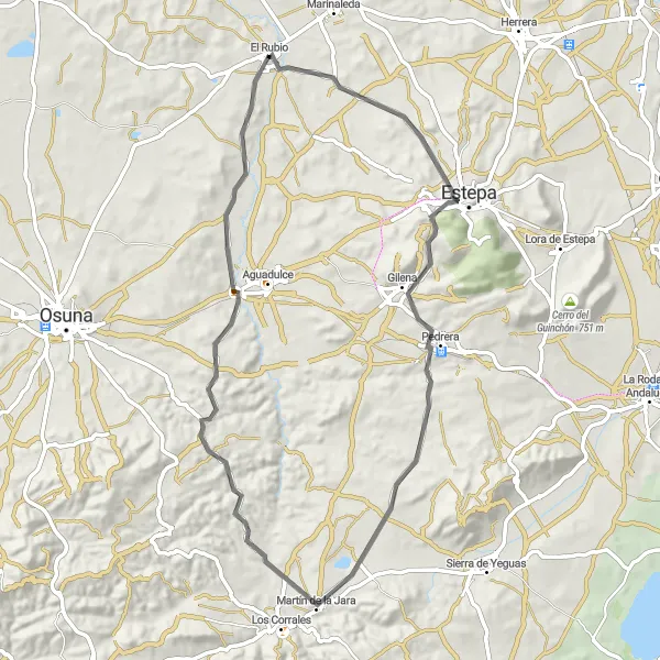 Karten-Miniaturansicht der Radinspiration "Die kulturelle Rundfahrt um El Rubio" in Andalucía, Spain. Erstellt vom Tarmacs.app-Routenplaner für Radtouren