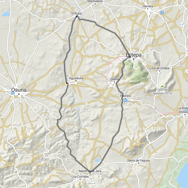 Miniatura della mappa di ispirazione al ciclismo "La storia di El Rubio in bicicletta" nella regione di Andalucía, Spain. Generata da Tarmacs.app, pianificatore di rotte ciclistiche