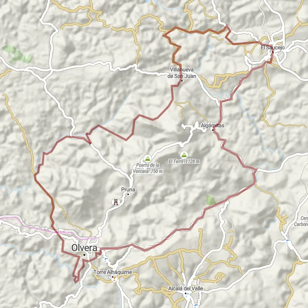 Miniatura della mappa di ispirazione al ciclismo "Tour in mountain bike da El Saucejo a Villanueva de San Juan" nella regione di Andalucía, Spain. Generata da Tarmacs.app, pianificatore di rotte ciclistiche