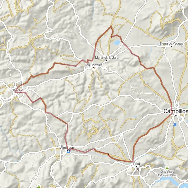 Miniatura della mappa di ispirazione al ciclismo "Esplorazione in bicicletta tra El Saucejo e Los Corrales" nella regione di Andalucía, Spain. Generata da Tarmacs.app, pianificatore di rotte ciclistiche