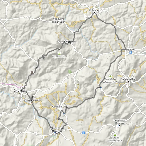 Miniaturní mapa "Asfaltová cyklotrasa okolo El Saucejo" inspirace pro cyklisty v oblasti Andalucía, Spain. Vytvořeno pomocí plánovače tras Tarmacs.app