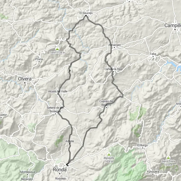 Miniatua del mapa de inspiración ciclista "Ruta en Carretera de El Saucejo a Algámitas" en Andalucía, Spain. Generado por Tarmacs.app planificador de rutas ciclistas