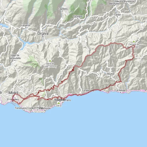 Miniatura mapy "Wyzwania Gravel La Mamola" - trasy rowerowej w Andalucía, Spain. Wygenerowane przez planer tras rowerowych Tarmacs.app