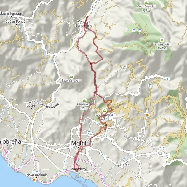 Miniaturní mapa "Gravelová cyklostezka okolo El Varadero" inspirace pro cyklisty v oblasti Andalucía, Spain. Vytvořeno pomocí plánovače tras Tarmacs.app